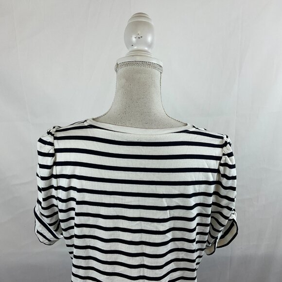Kate Spade Top L White Black Stripe Short Ruched Sleeve - Picture 8 of 11